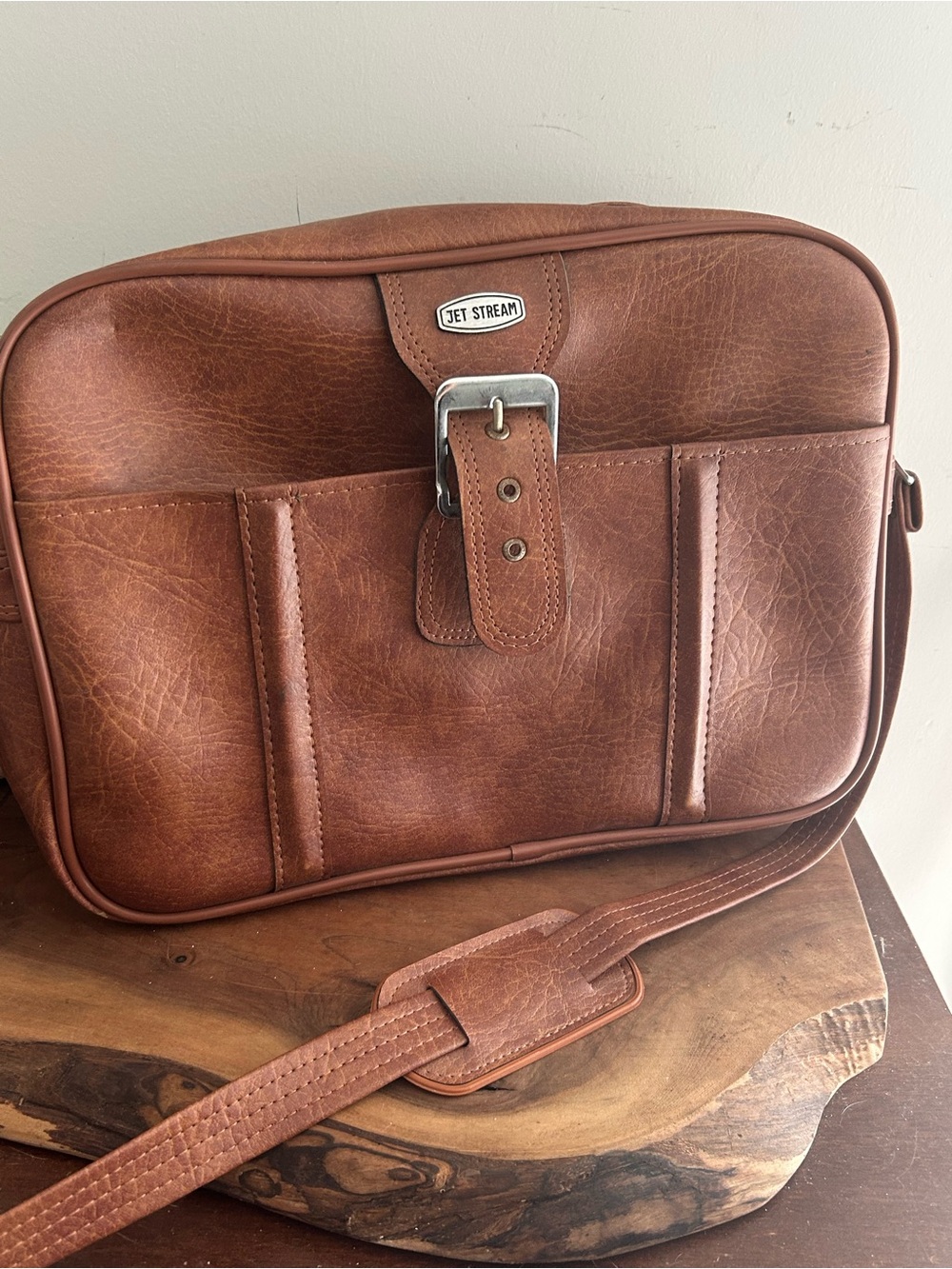 Vintage Jet Stream Faux Leather Carry-on Travel Bag with Shoulder Strap Brown